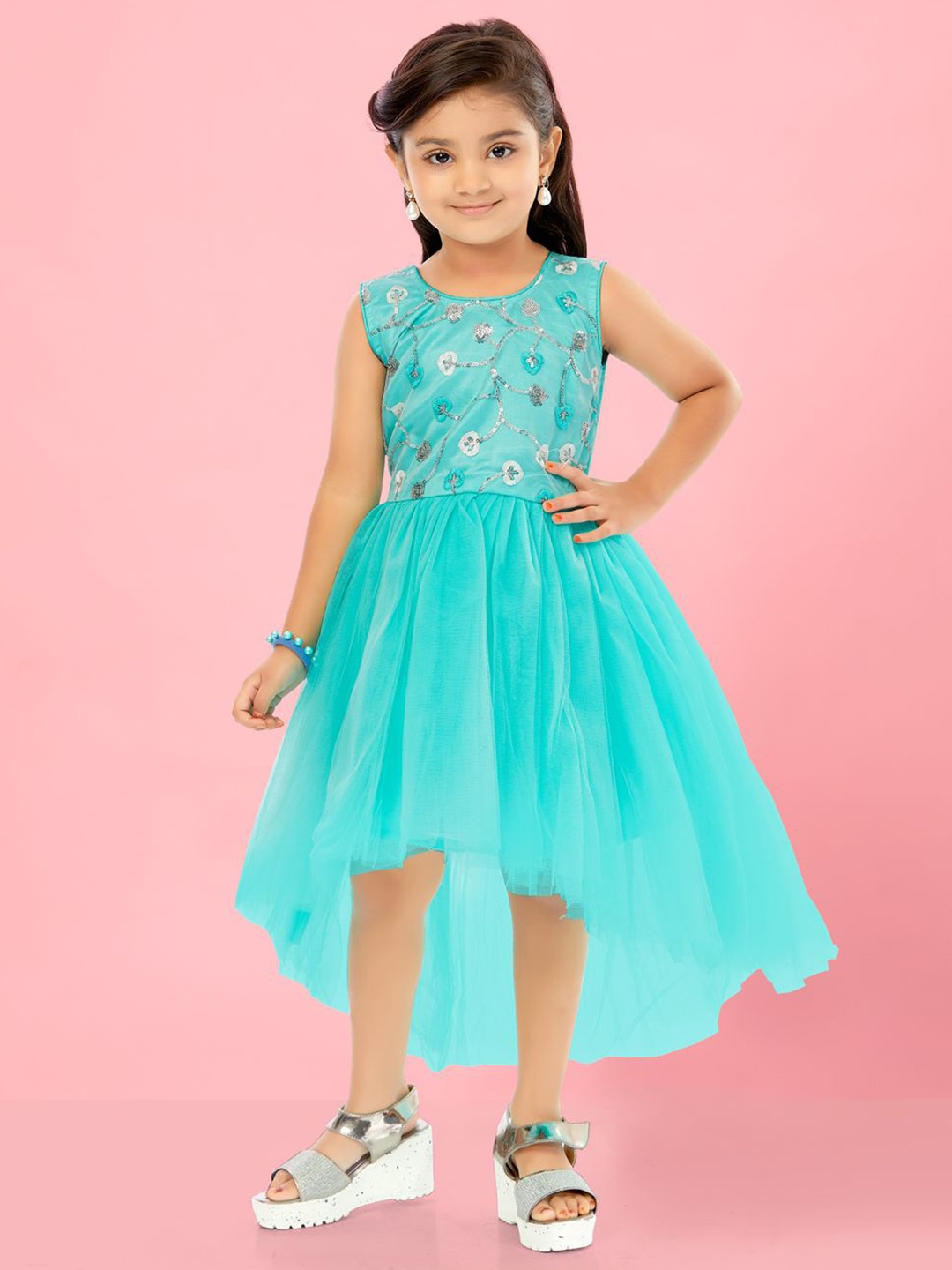 

BAESD Girls Floral Net Fit & Flare Dress, Turquoise blue