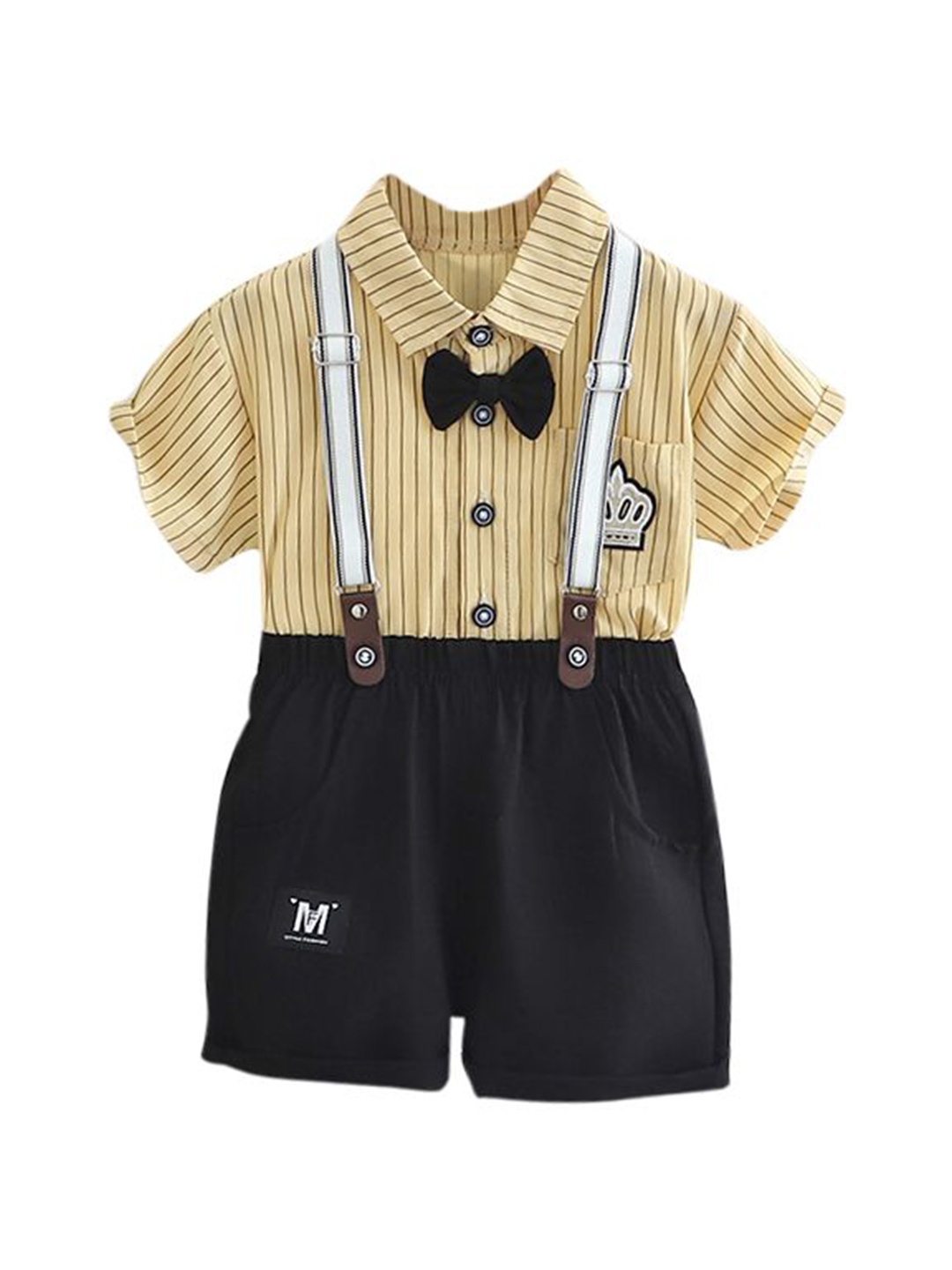 

StyleCast x Revolte Boys Striped Pure Cotton Shirt with Shorts With Suspenders, Yellow