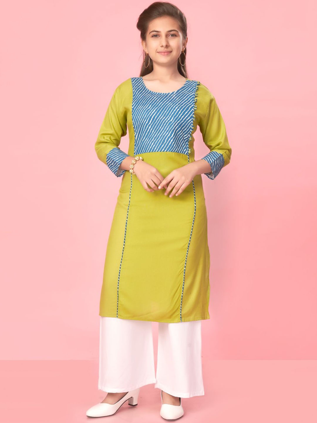 

BAESD Girls Striped Cotton Straight Kurta, Lime green