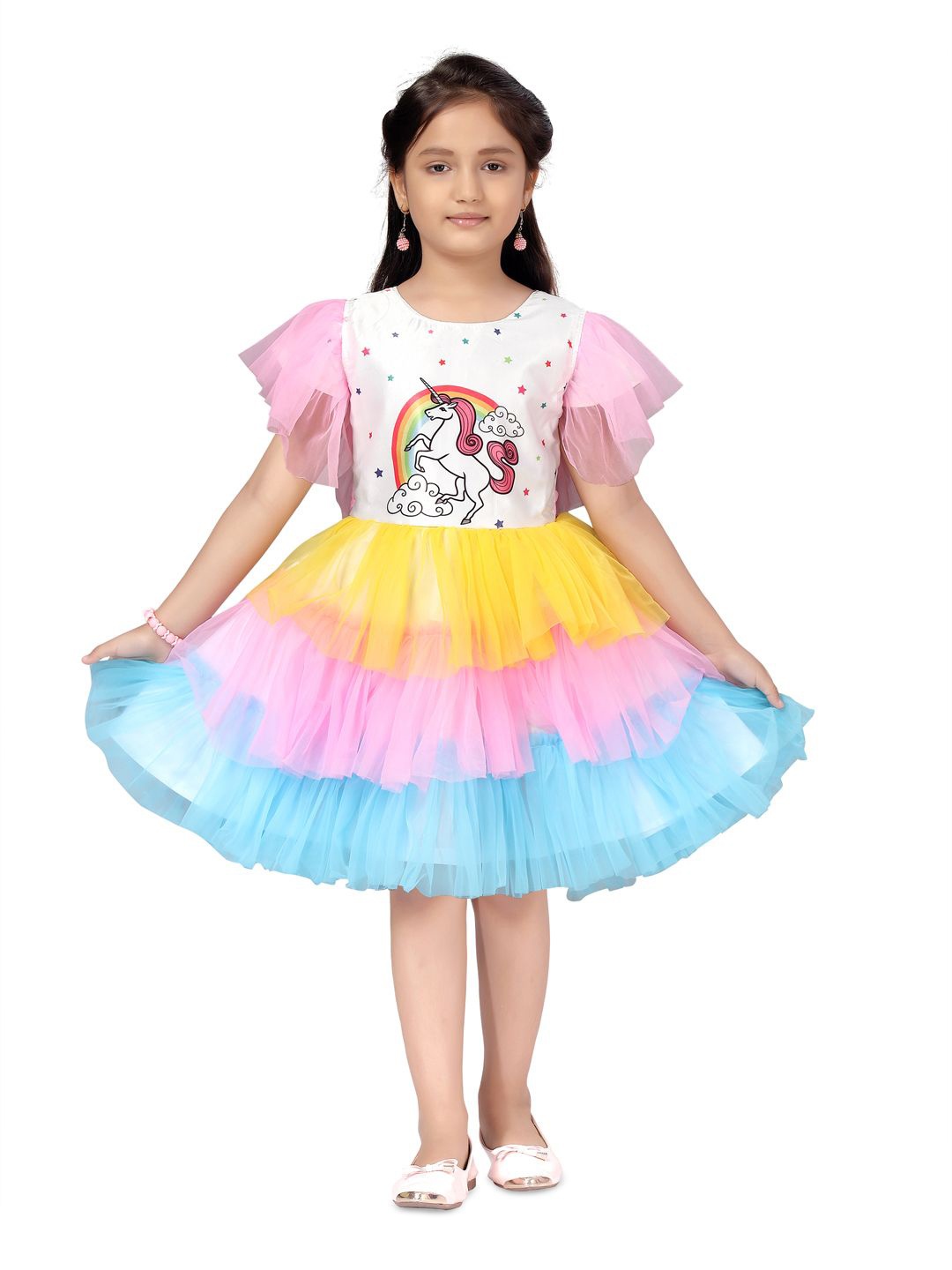 

BAESD Girls Printed Round Neck Flared Sleeve Net Fit & Flare Dress, White