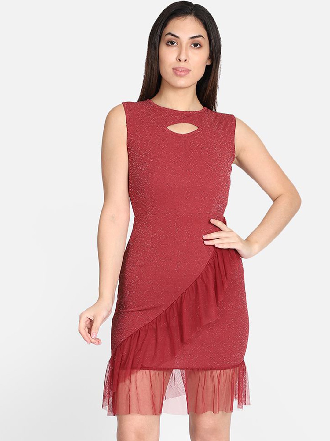 

Yaadleen Keyhole Neck Ruffled Sheath Dress, Maroon