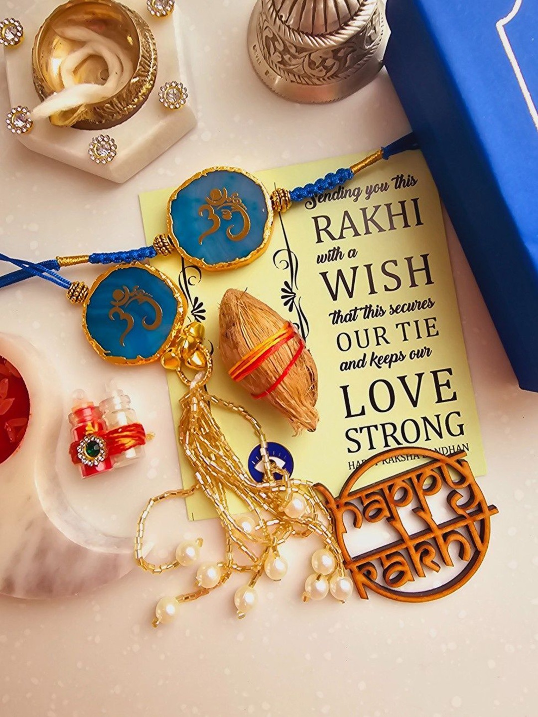 

HOMEARTE Textured Agate Stone Bhaiya Bhabhi Thread Rakhi, Turquoise blue