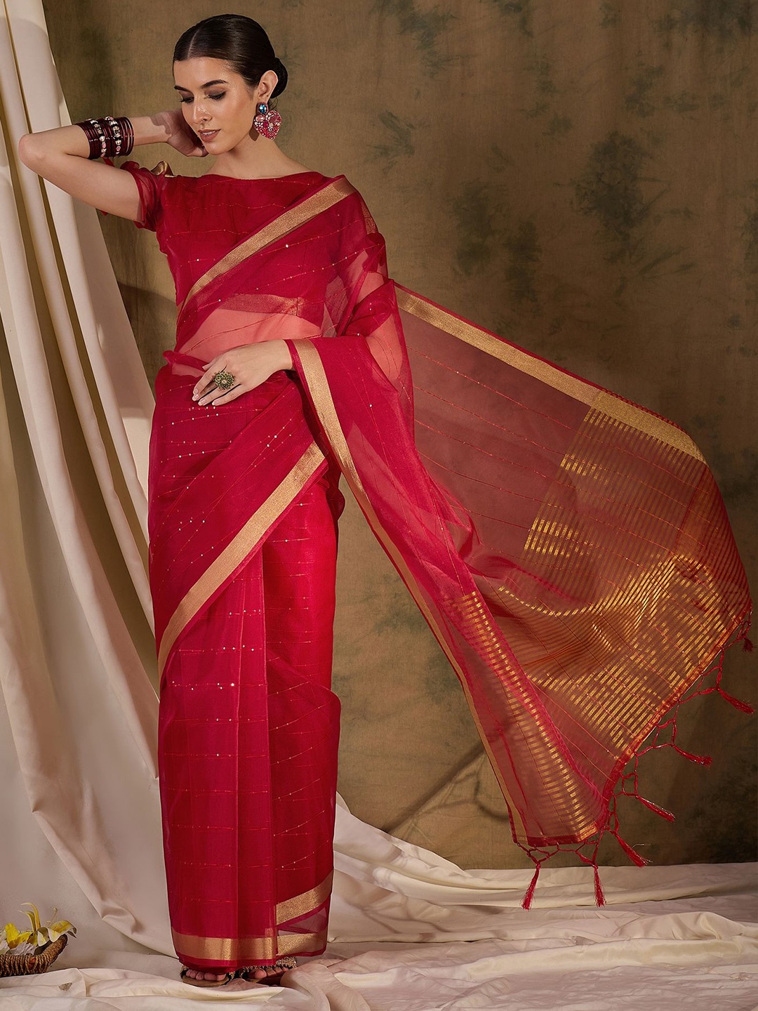 

VIRICA Striped Sequinned Organza Saree, Red