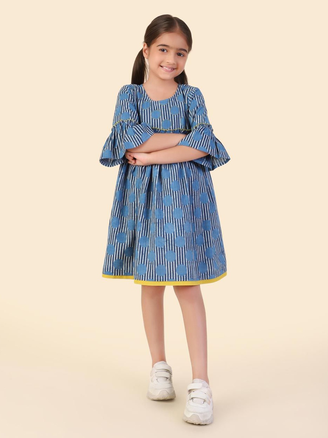 

Fabindia Girls Polka Dots Print Bell Sleeve A-Line Dress, Navy blue