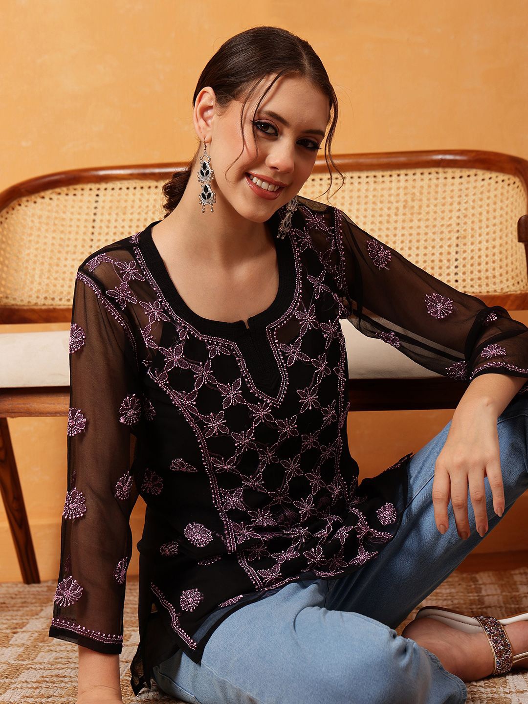 

ADA Ethnic Motifs Embroidered Thread Work Thread Work Kurti, Black