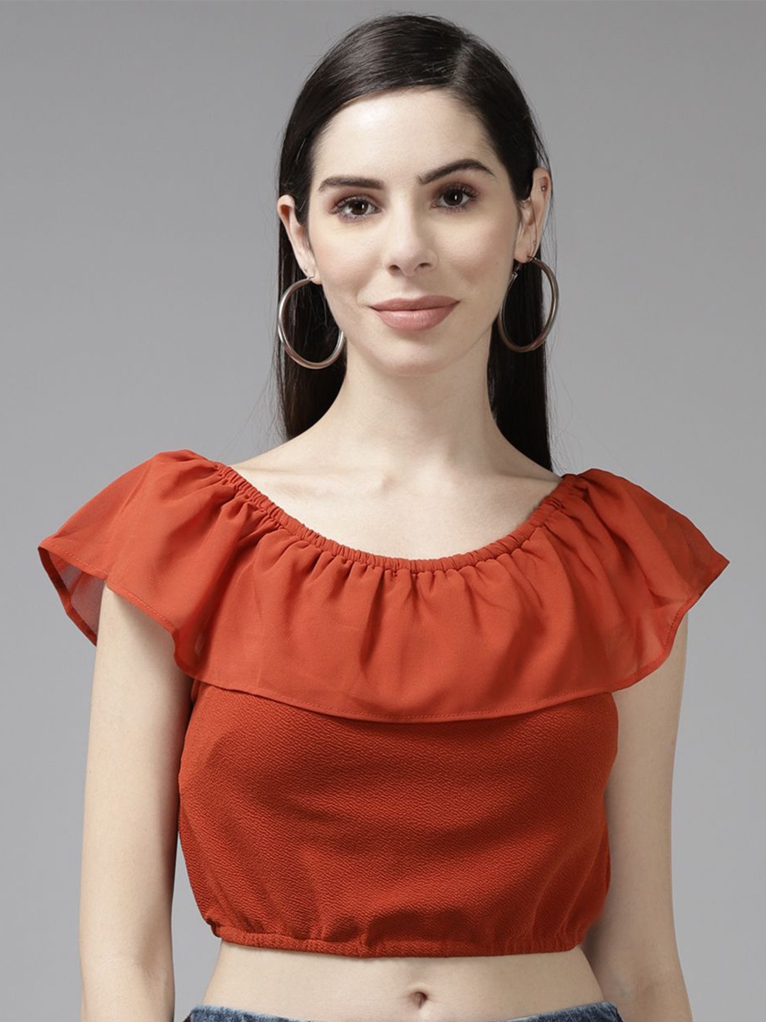 

BAESD Off-Shoulder Georgette Bardot Crop Top, Coral