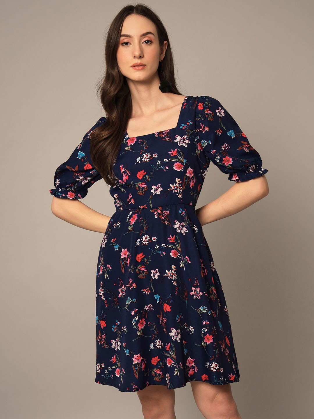 

Yaadleen Floral Printed Puff Sleeve Fit & Flare Dress, Navy blue