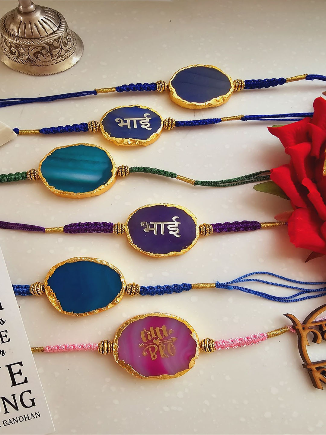 

HOMEARTE Textured Agate Stone Thread Rakhi, Turquoise blue