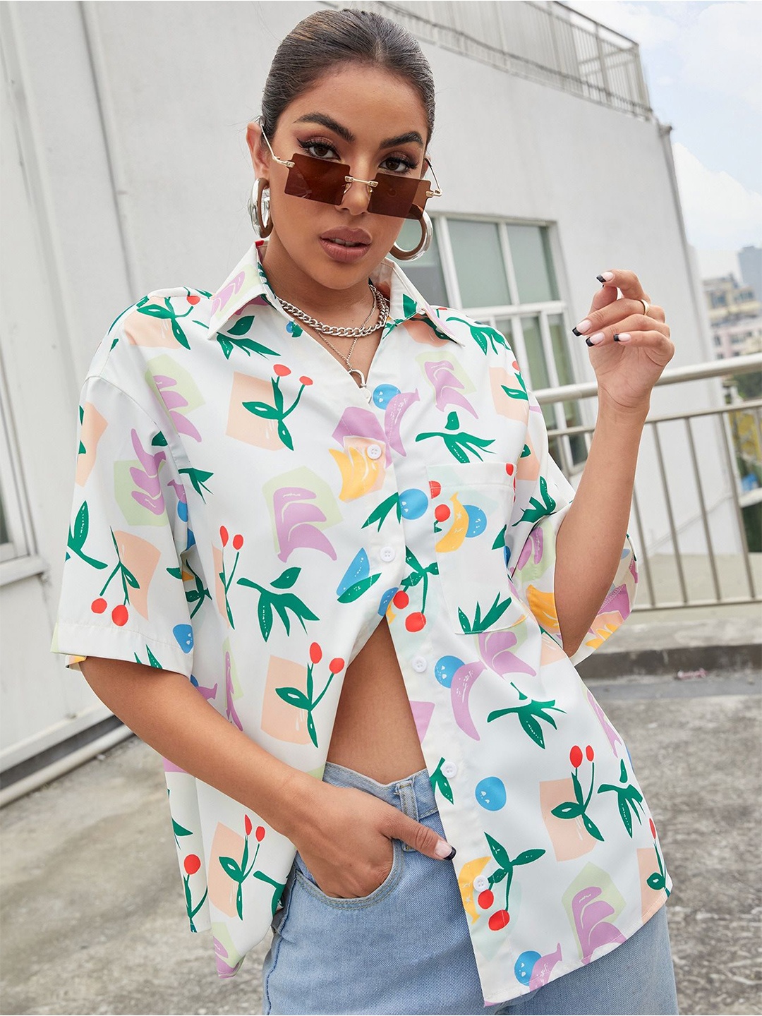 

KALINI Women Conversational Printed Pure Cotton Oversized Casual Shirt, White