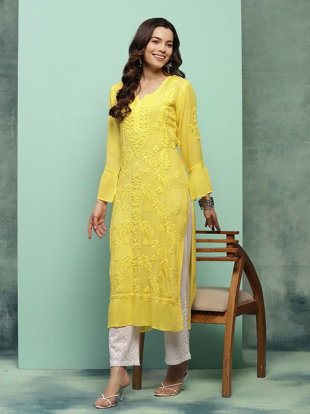 

House of Chikankari Floral Embroidered Straight Kurta, Yellow