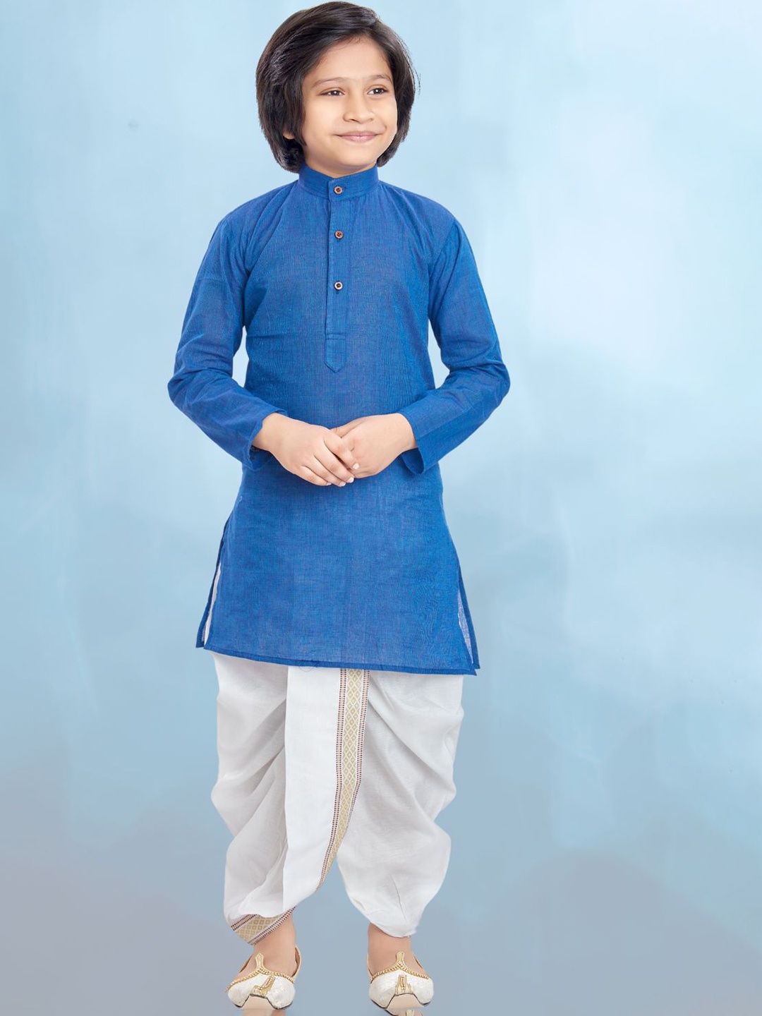 

SHIWAM ETHNIX Boys Band Collar Long Sleeves Straight Kurta With Dhoti Pants, Blue