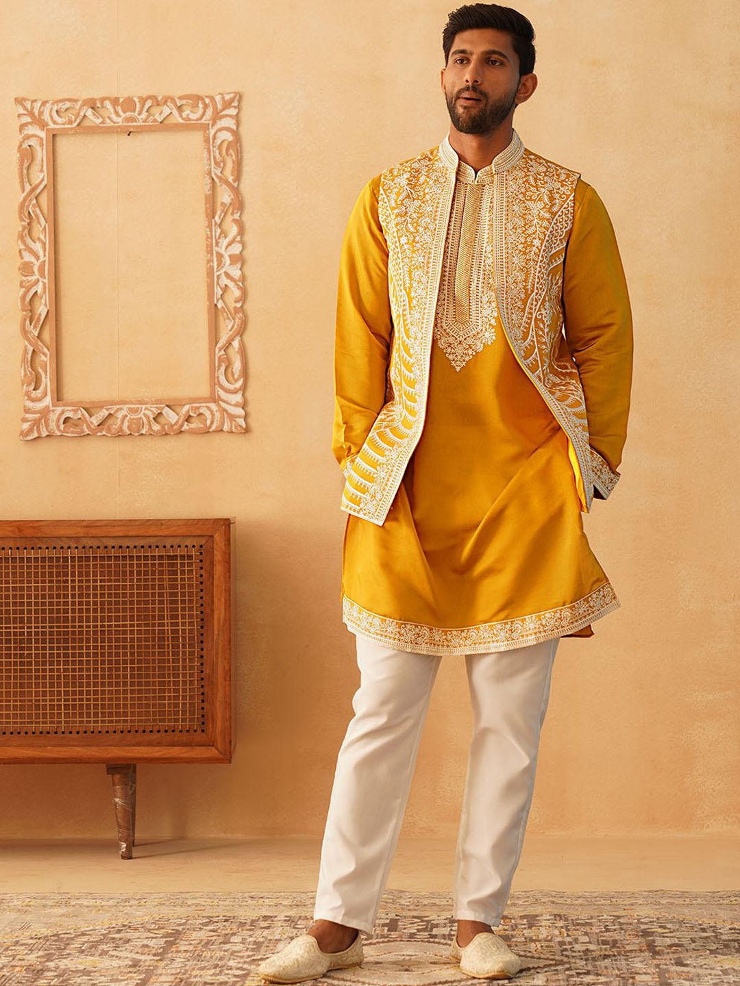 

Jompers Floral Embroidered Chikankari Kurta with Pyjamas & Waistcoat, Mustard