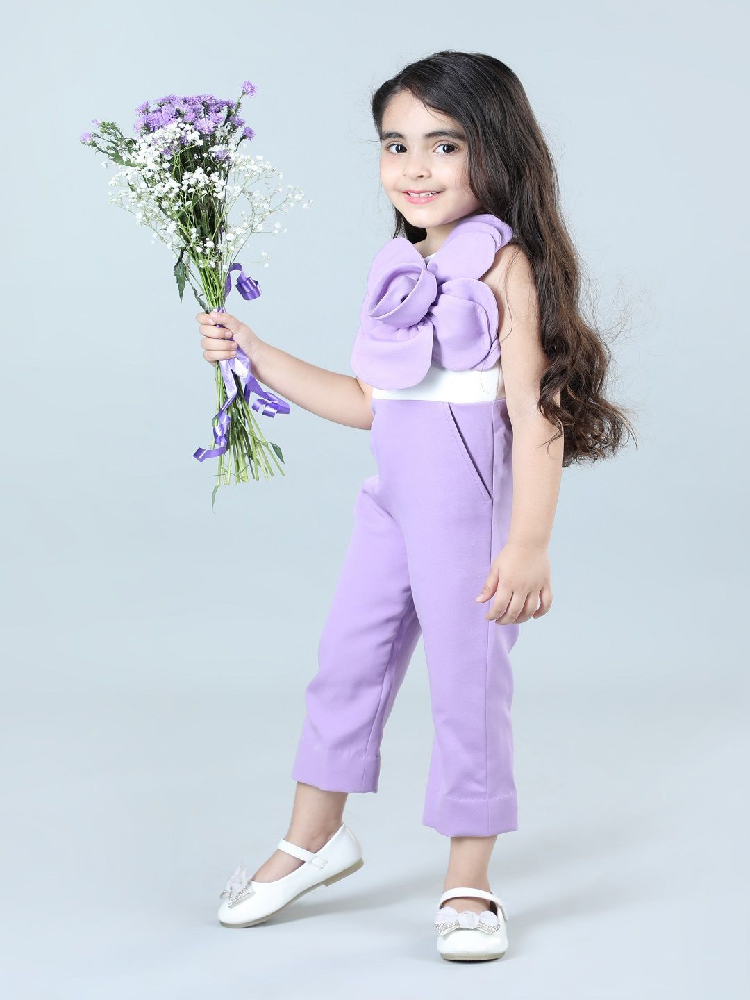 

THE LITTLE CELEBS Girls One Shoulder Basic Jumpsuit with Applique, Purple