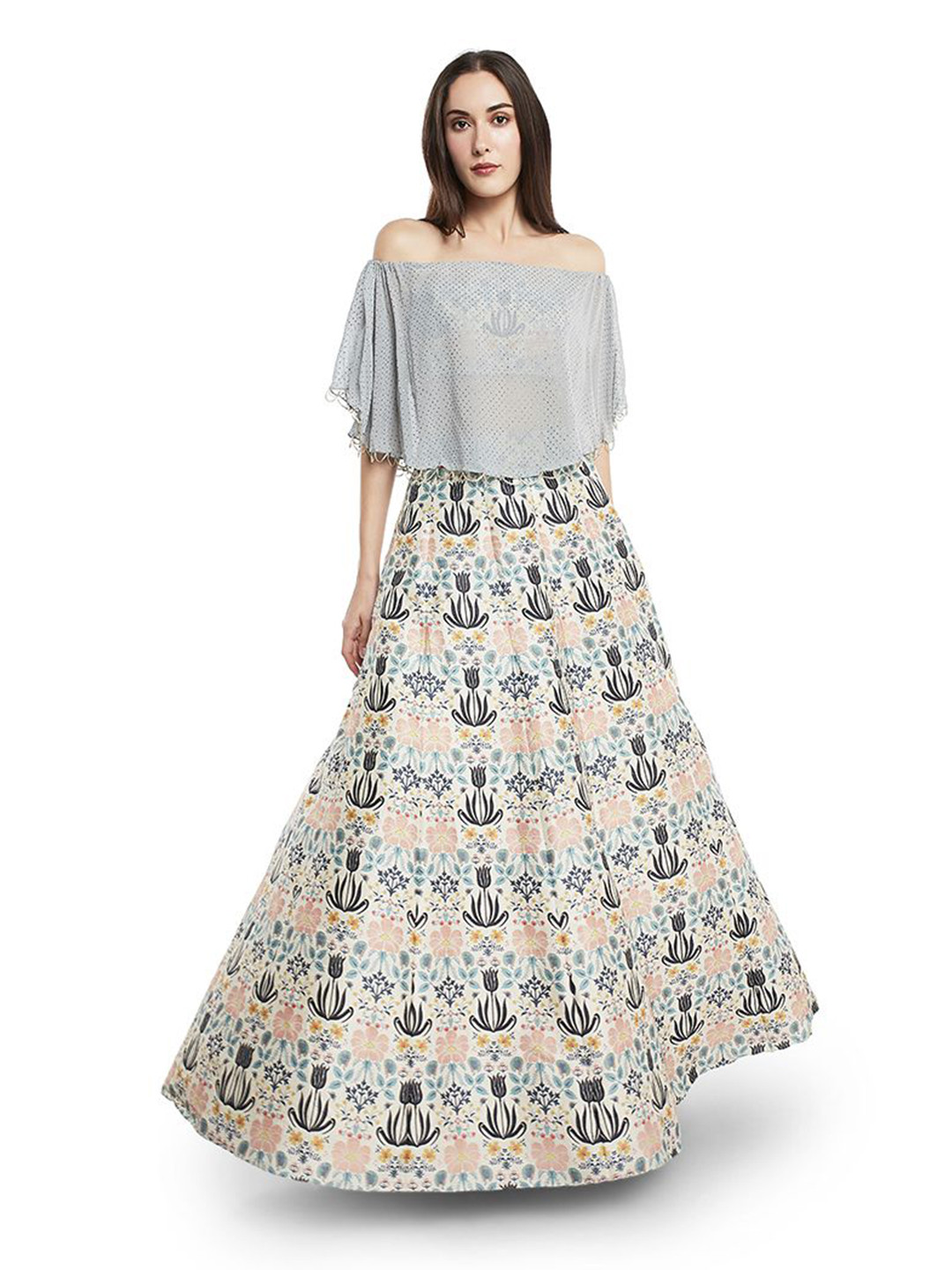 

Payal Singhal Printed Off-Shoulder Ruffle Georgette Ready to Wear Lehenga & Choli, Cream