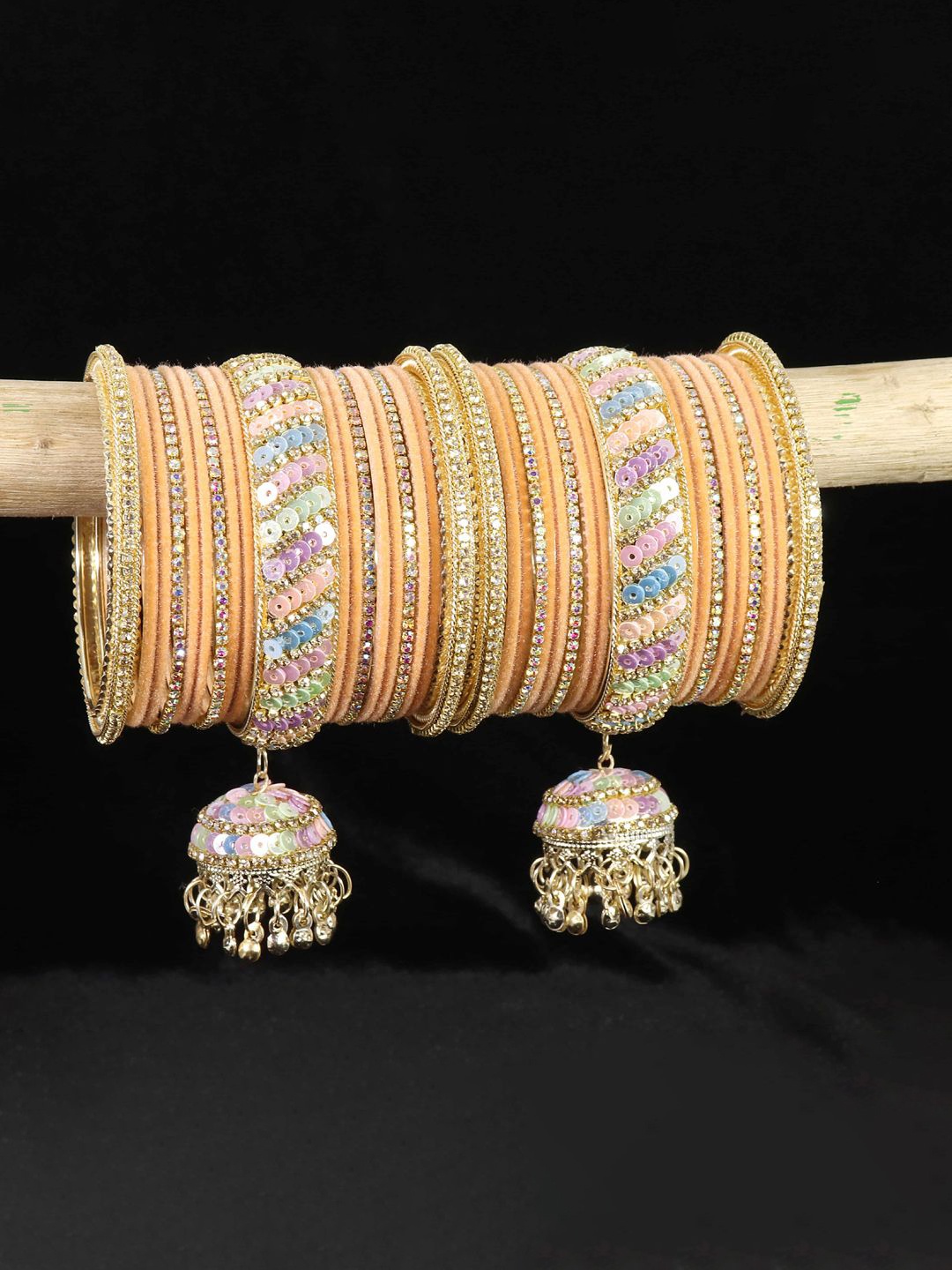 

NMII Pack of 38 Zircon Stone Jhumka Latkan Bangles, Peach