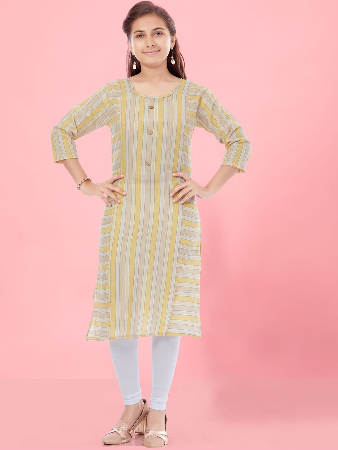 

BAESD Girls Striped Cotton Straight Kurta, Yellow