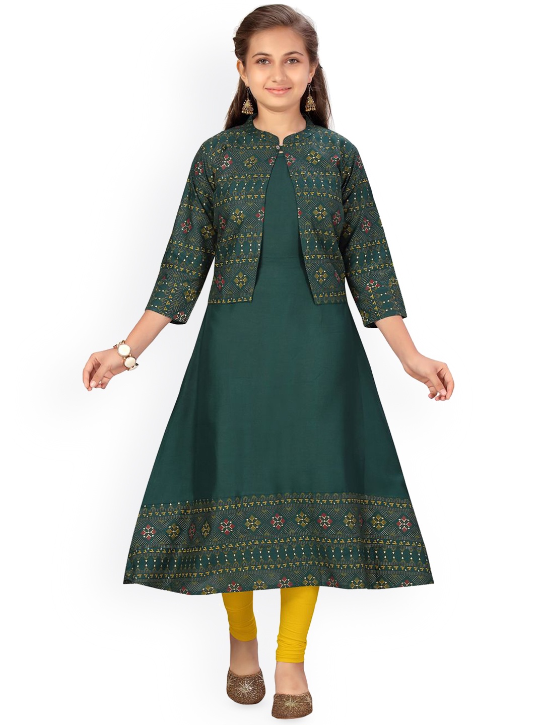 

BAESD Girls Ethnic Motifs Printed Cotton A-Line Kurta with Jacket, Green