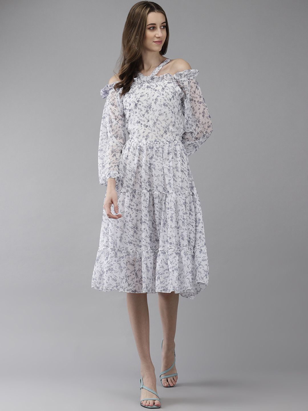 

BAESD Floral Print Off-Shoulder Cold-Shoulder Georgette Tiered A-Line Midi Dress, White