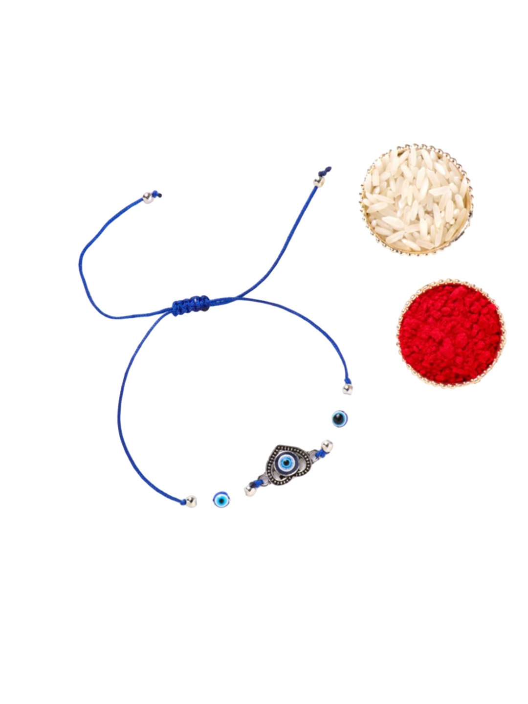 

Floweraura Heart Evil Eye Stone Studded & Beaded Thread Rakhi With Roli Chawal, Blue