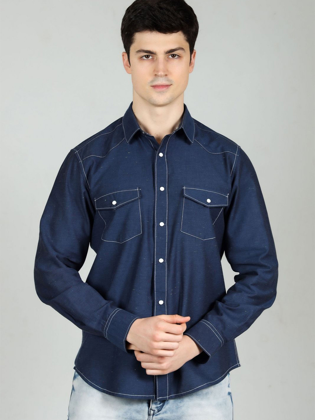 

OZMOD Men Modern Solid Slim Fit Casual Shirt, Navy blue