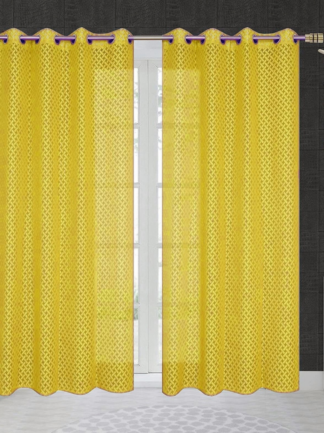 

JARS Collections Yellow 2 Pieces Geometric Net Semi Sheer Door Curtains