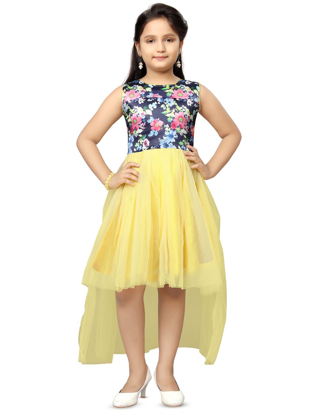 

BAESD Girls Floral Printed Net Fit & Flare Dress, Yellow