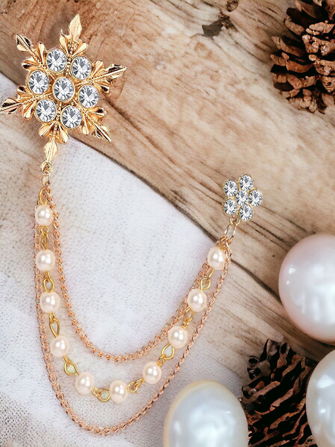 

Okos Crystal Snow Flakes Design Lapel Pin Brooch with 3 Hanging Chain, Rose gold