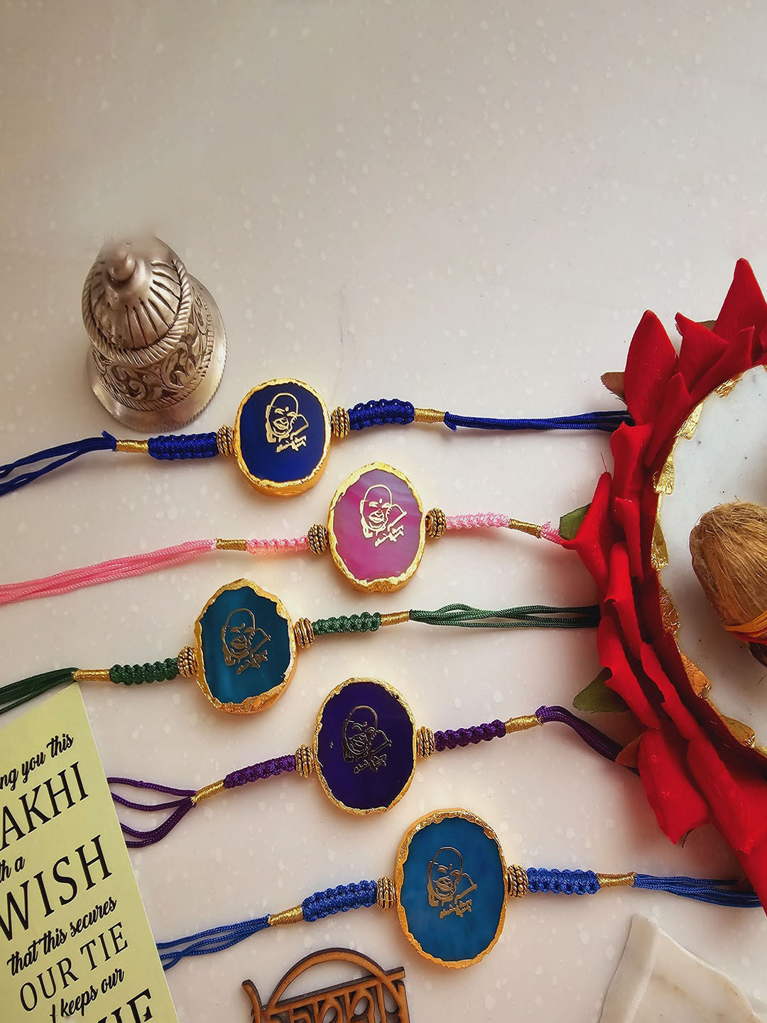 

HOMEARTE Agate Stone Designer Thread Rakhi With Greeting Card & Roli Chawal, Green