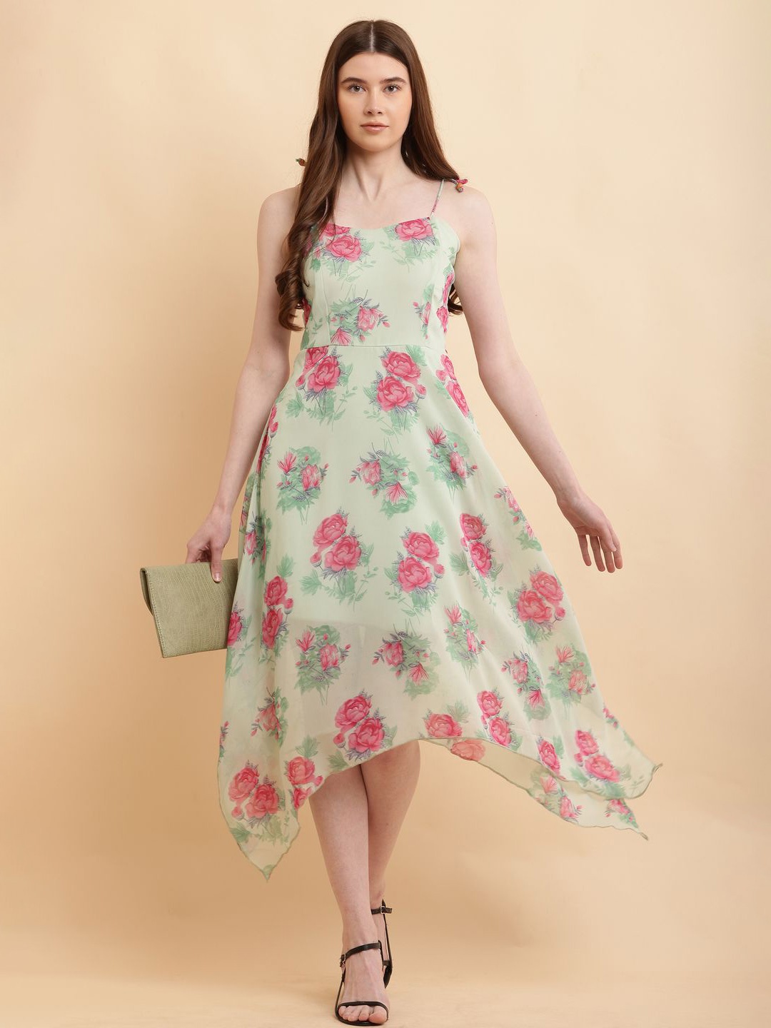 

Absorbing Floral Print Georgette Fit & Flare Midi Dress, Lime green