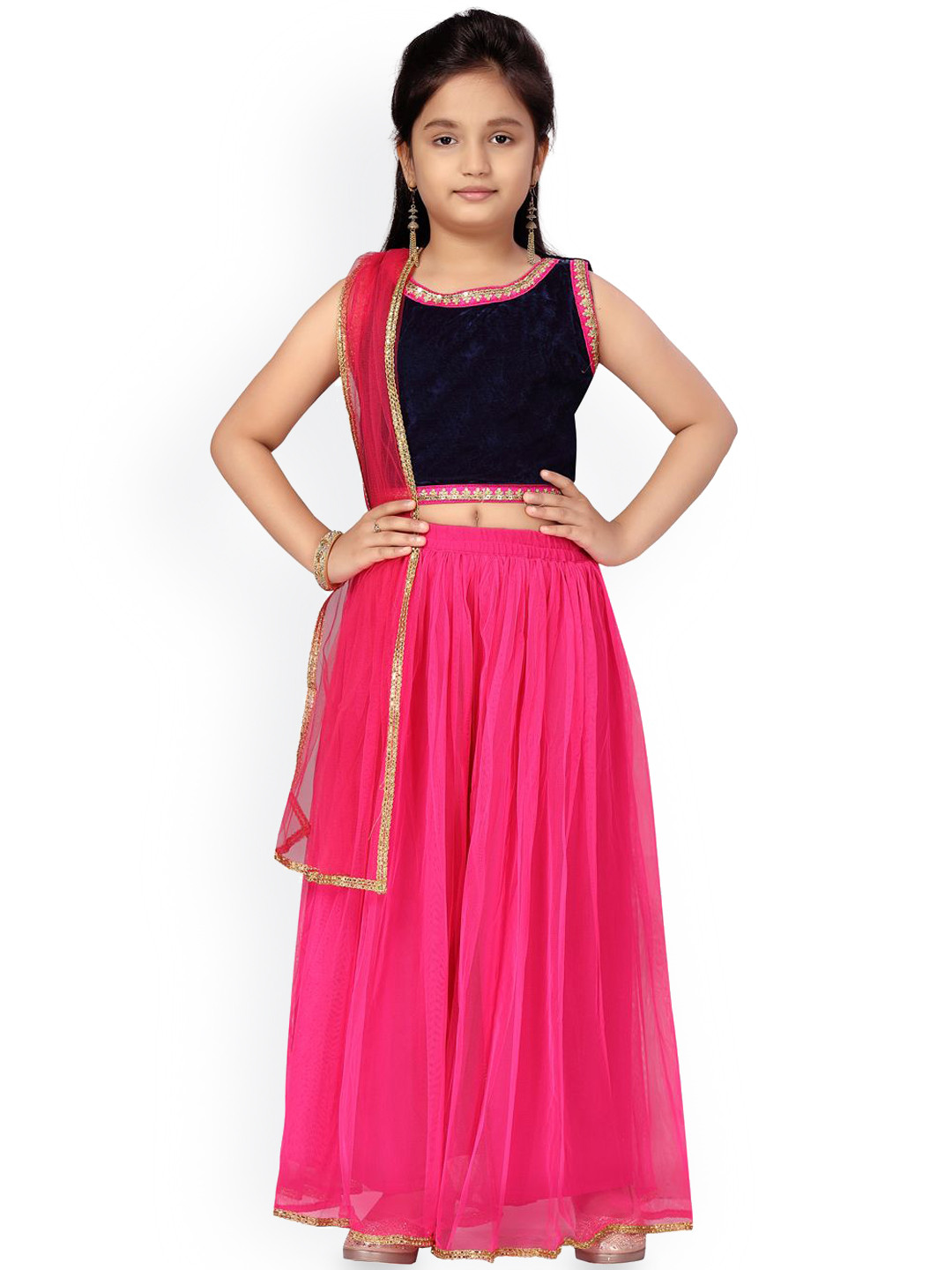 

BAESD Girls Sequinned Boat Neck Sleeveless Velvet Top With Palazzos & Dupatta, Navy blue
