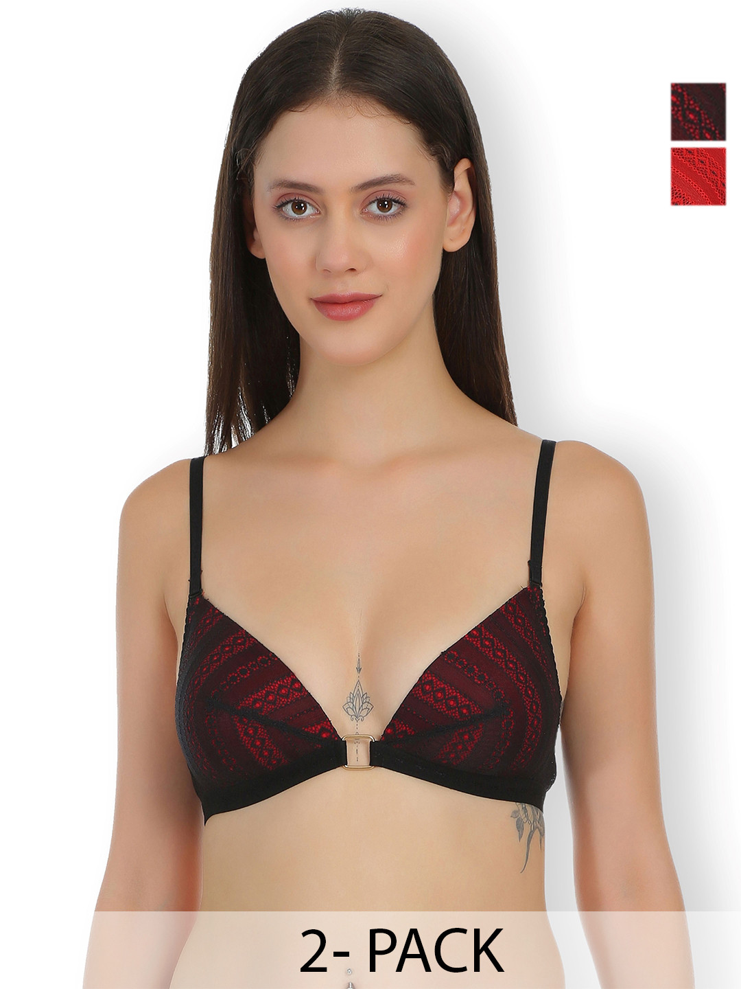 

SELFCARE Pack Of 2 Half Coverage Lightly Padded Plunge Bra, Red