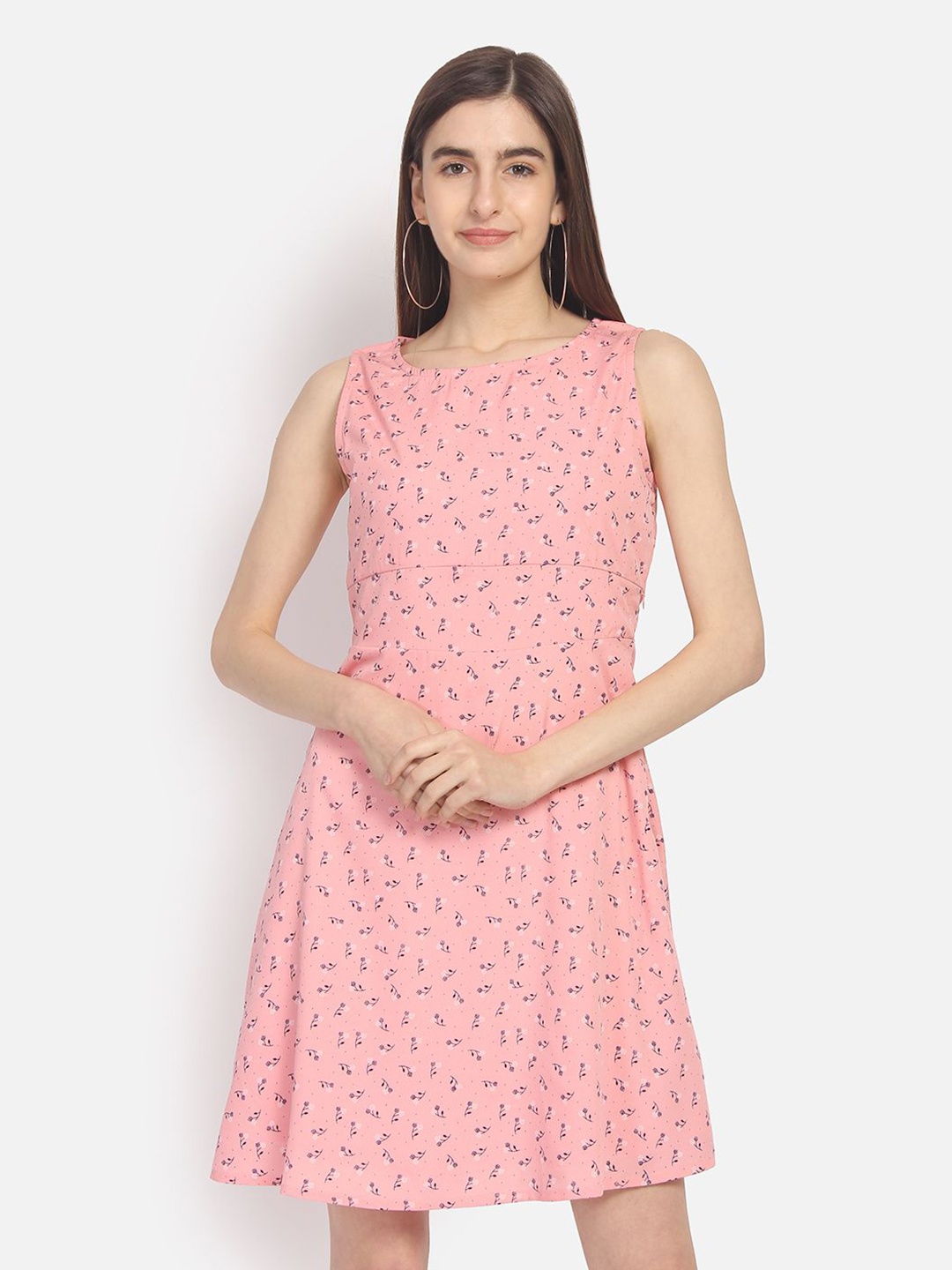 

Yaadleen Printed Round Neck Sleeveless Crepe A-Line Dress, Pink