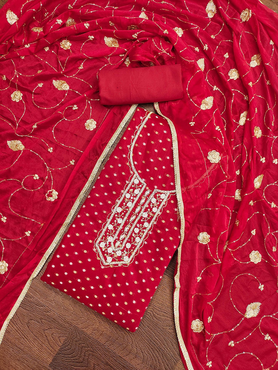 

KALINI Geometric Woven Design Unstitched Dress Material, Red