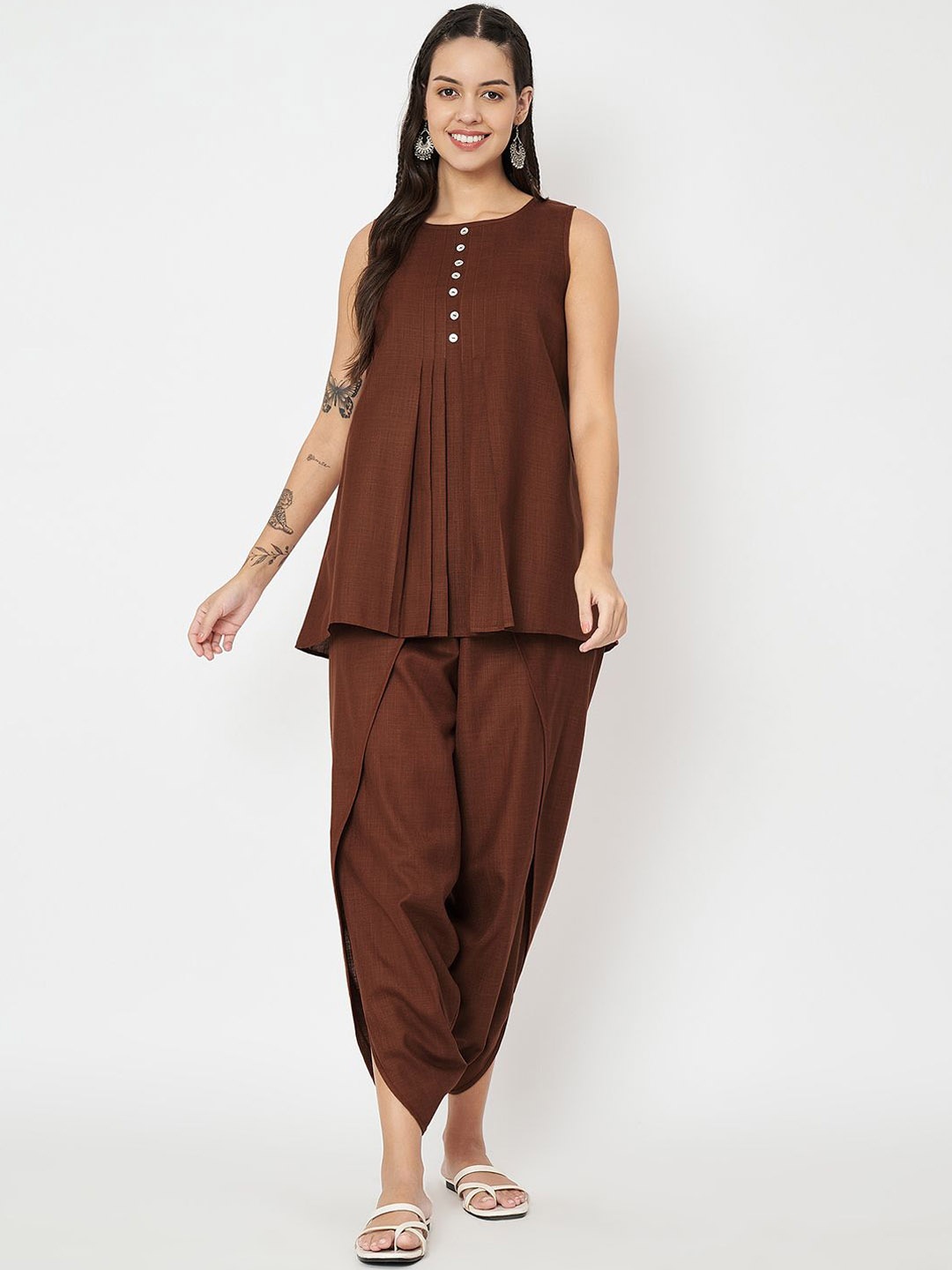 

9rasa Round Neck Pleated Top With Dhoti Pant, Brown