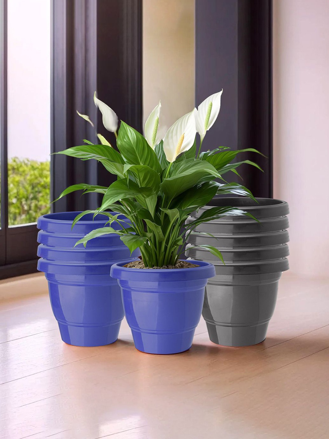 

Kuber Industries Blue & Black 10 Pieces Lightweight 2-Layer Planters