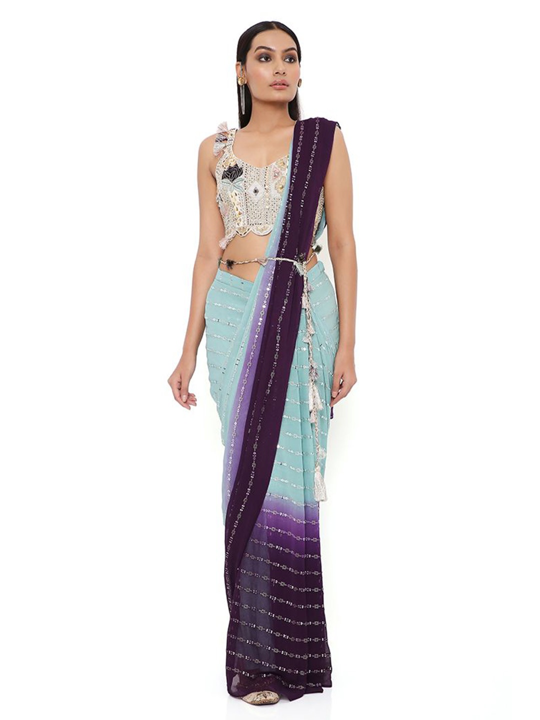 

Payal Singhal Floral Embellished Sequinned Saree With Blouse, Blue