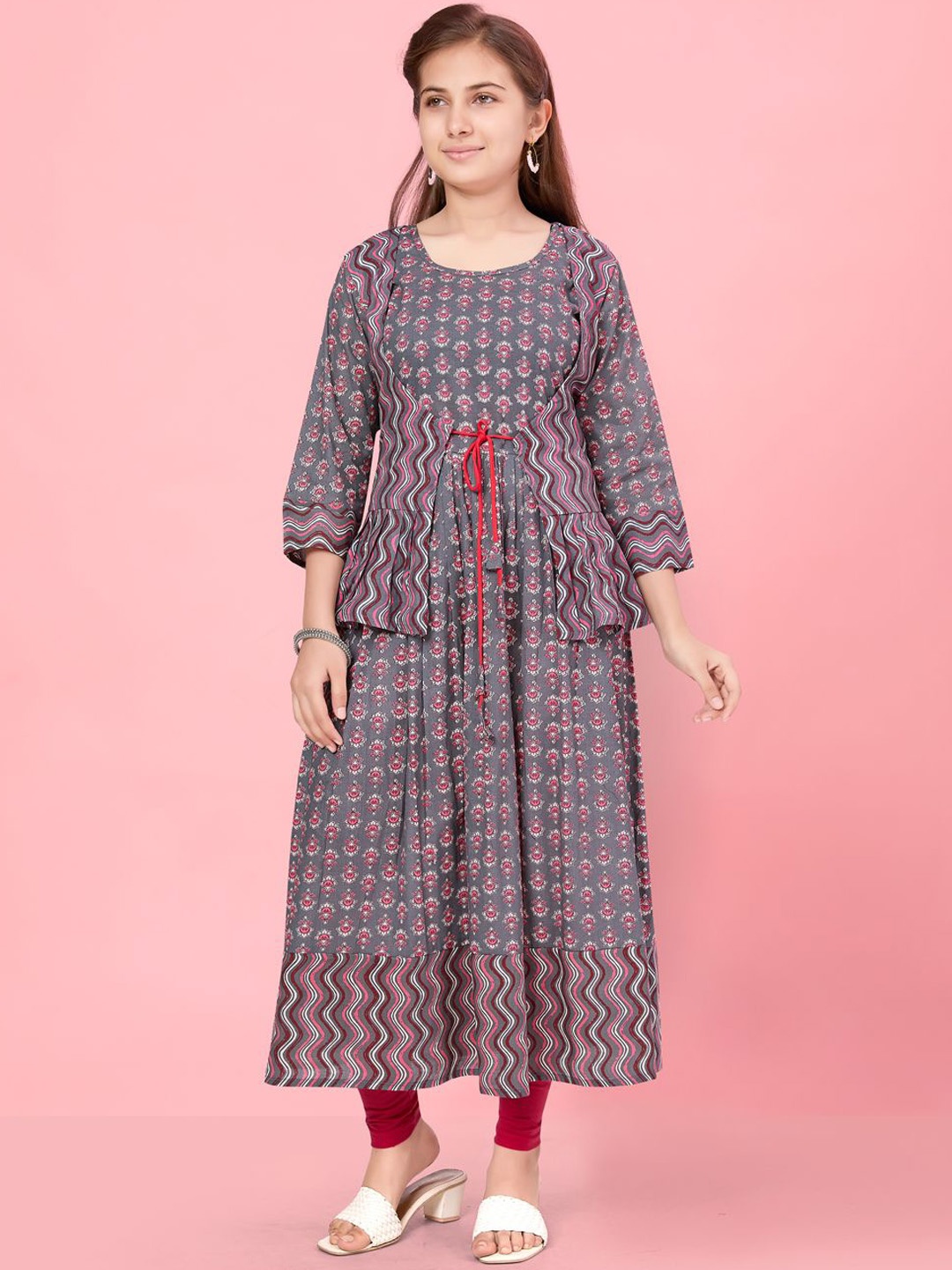 

BAESD Girls Floral Printed Cotton A-Line Kurta With Jacket, Grey