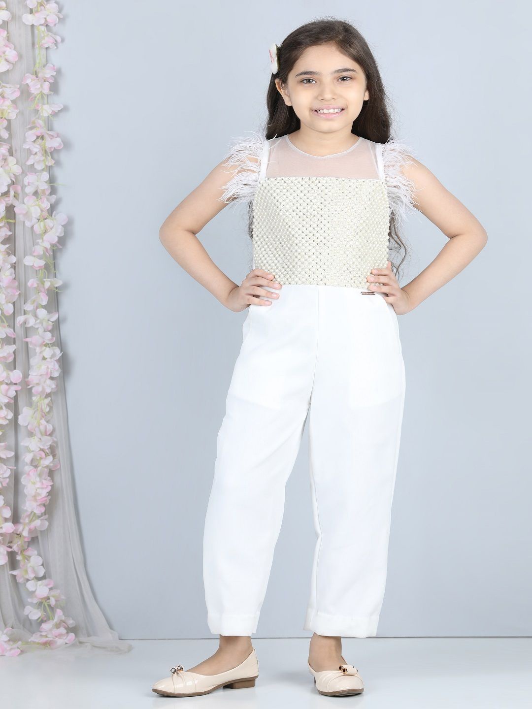 

THE LITTLE CELEBS Girls Embellished Sleeveless Basic Jumpsuit, White