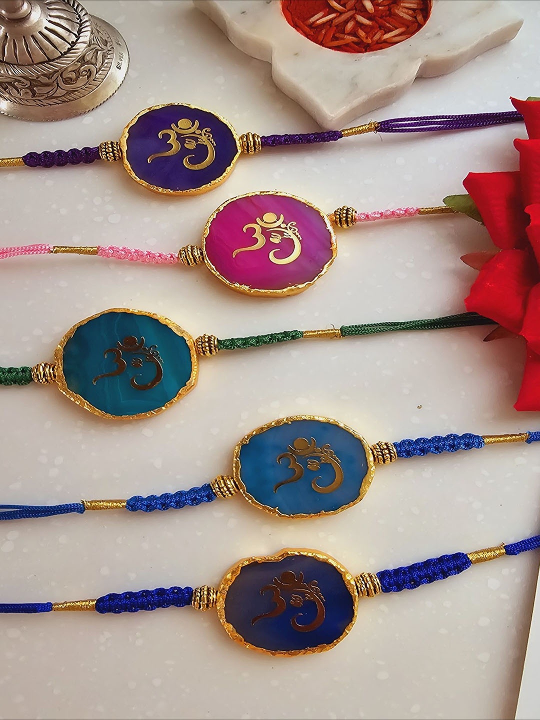 

HOMEARTE Agate Stone Designer Thread Rakhi With Greeting Card & Roli Chawal, Turquoise blue