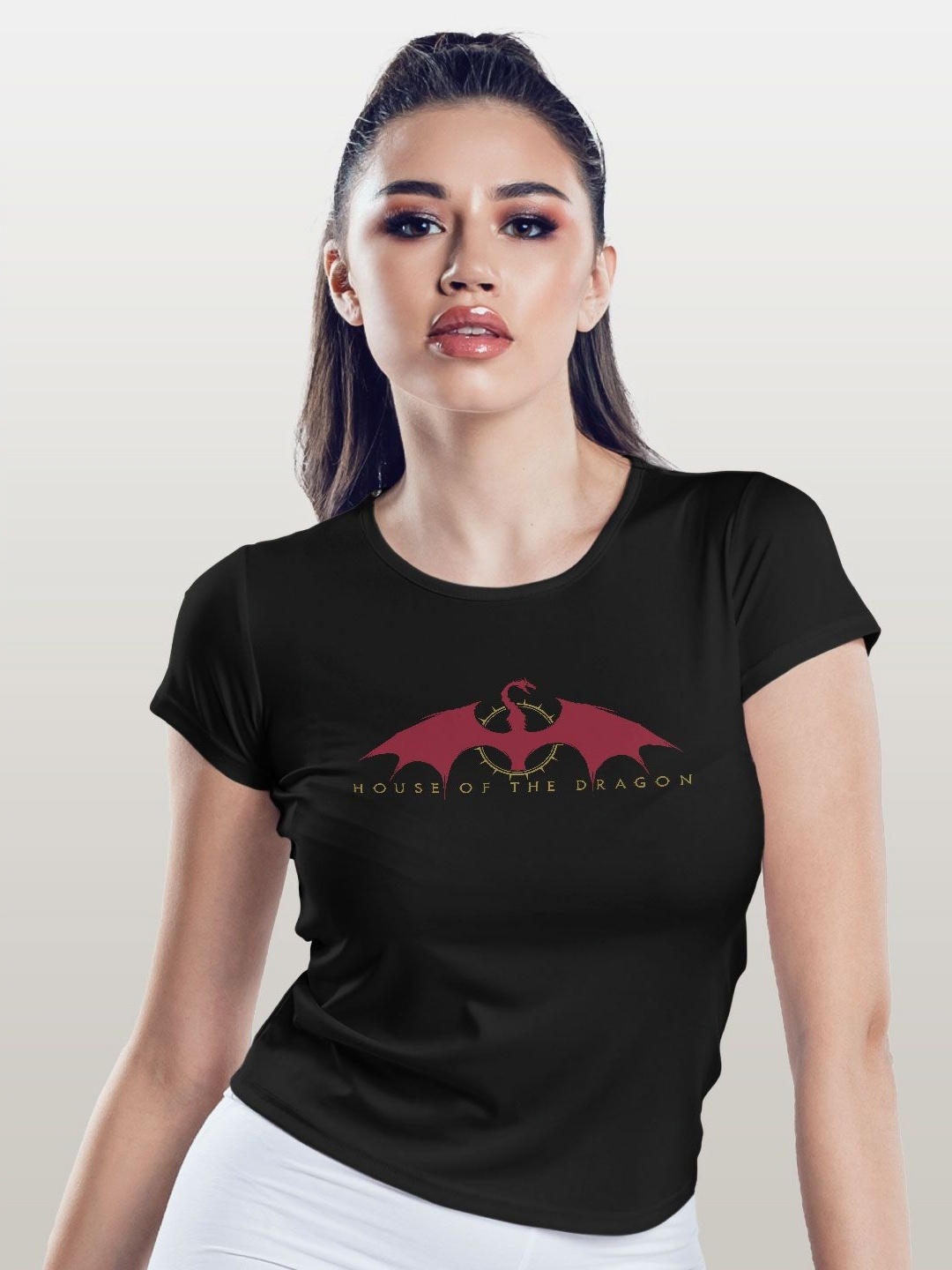 

macmerise Women Printed Applique T-shirt, Black