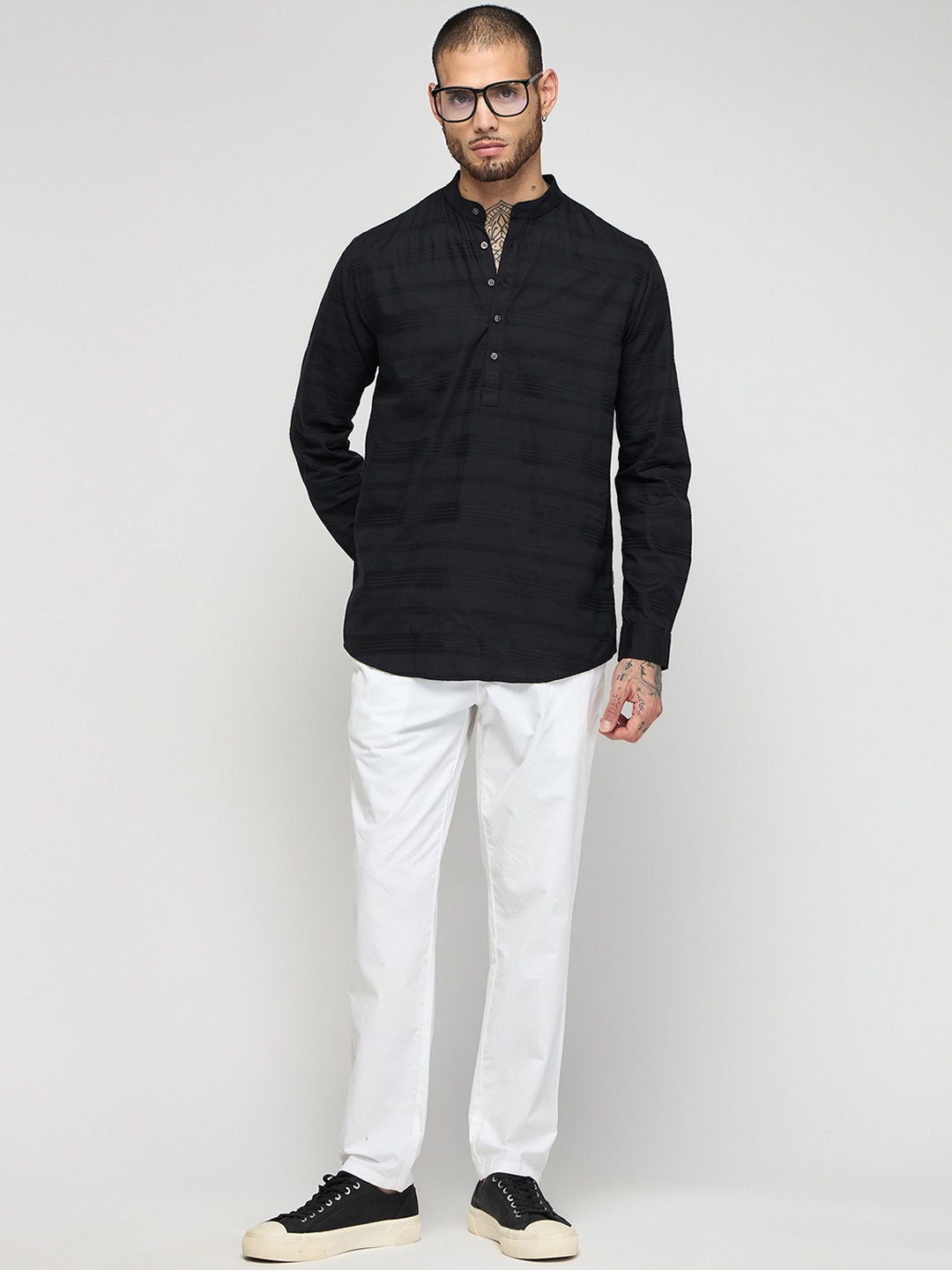 

Red Flame Striped Band Collar Pure Cotton Straight Kurta, Black
