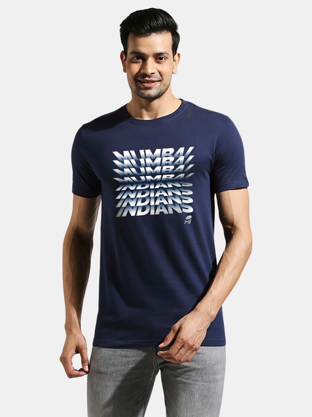 

macmerise Men Typography Printed Applique T-shirt, Blue