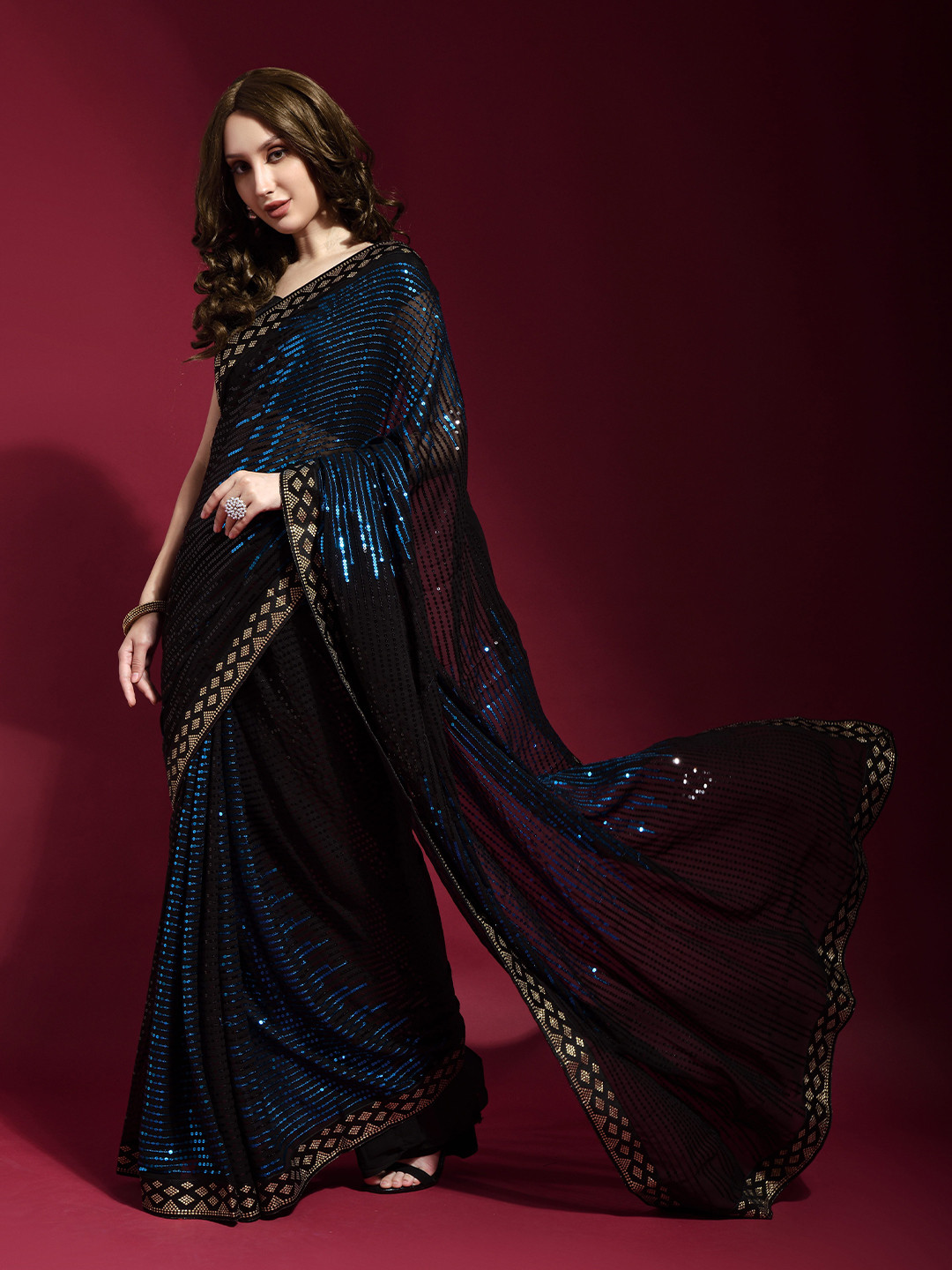 

QVAZOR Embellished Sequinned Pure Georgette Heavy Work Saree, Black