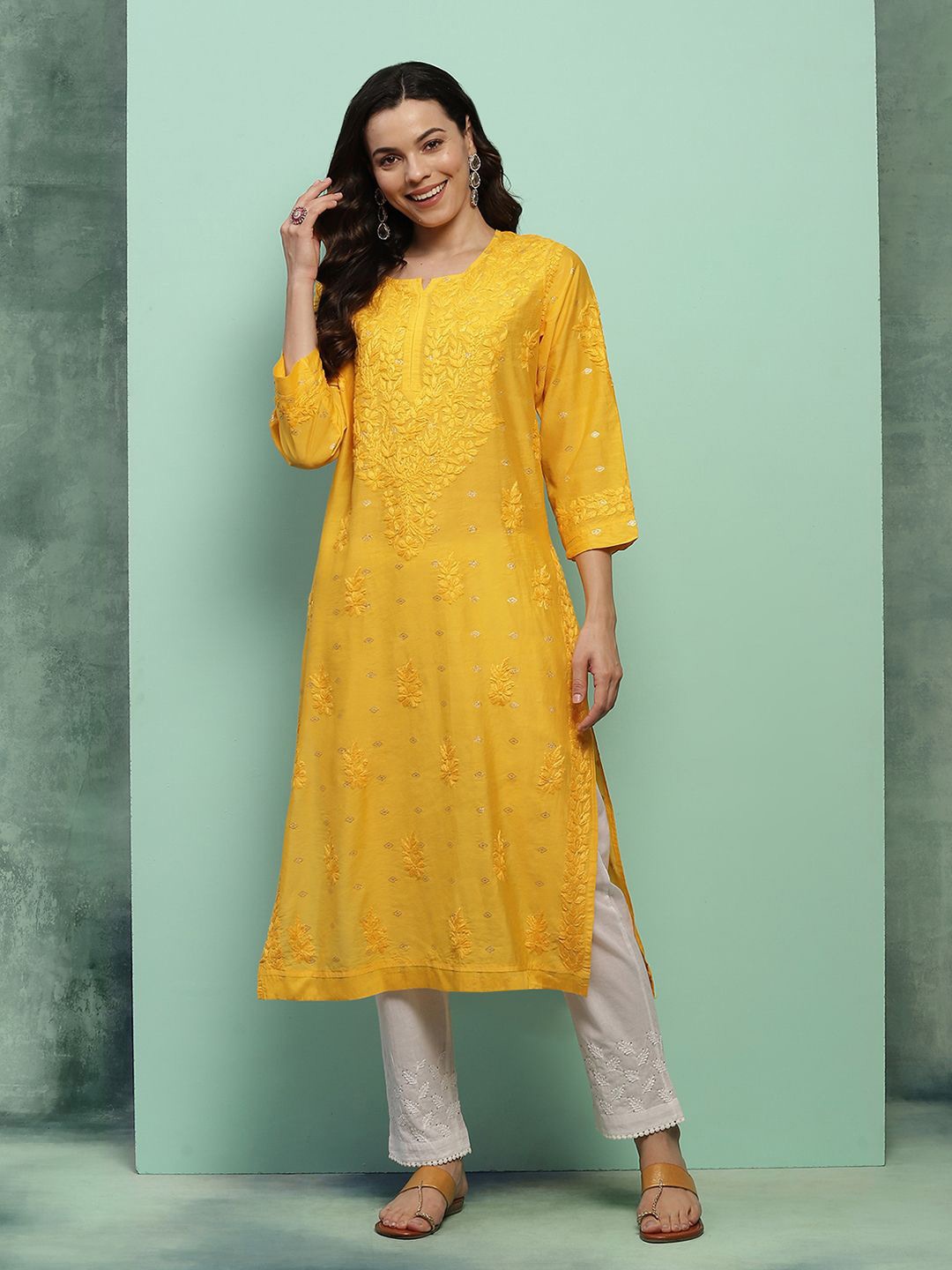 

House of Chikankari Chikankari Woven Kurta, Yellow