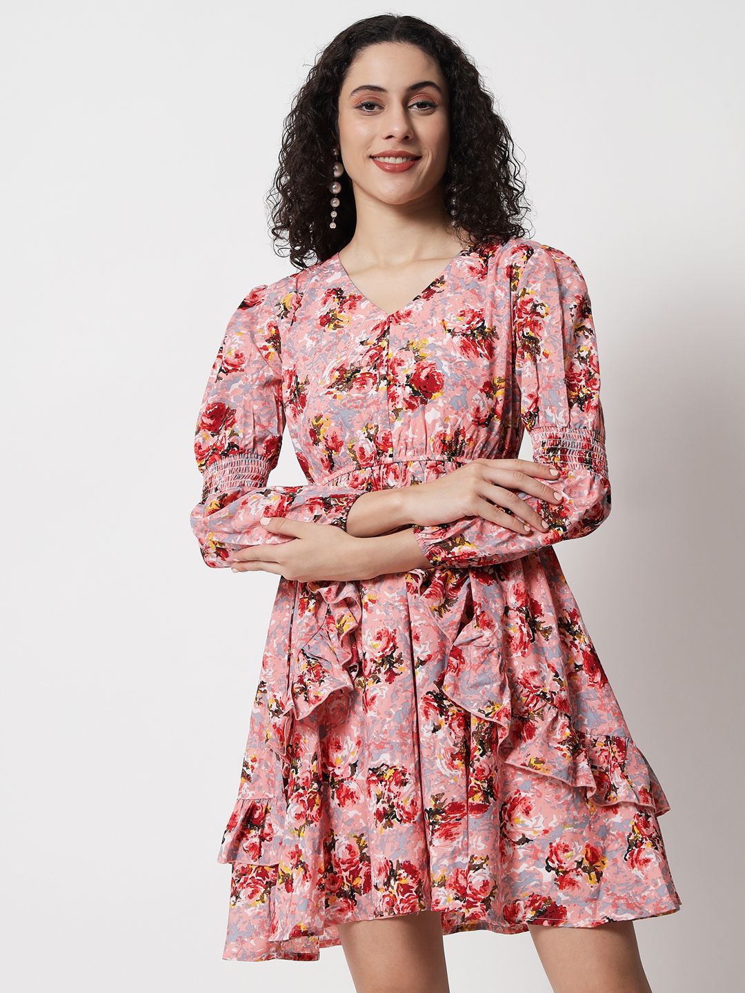 

Yaadleen Floral Print Puff Sleeve Ruffled Crepe Fit & Flare Dress, Pink