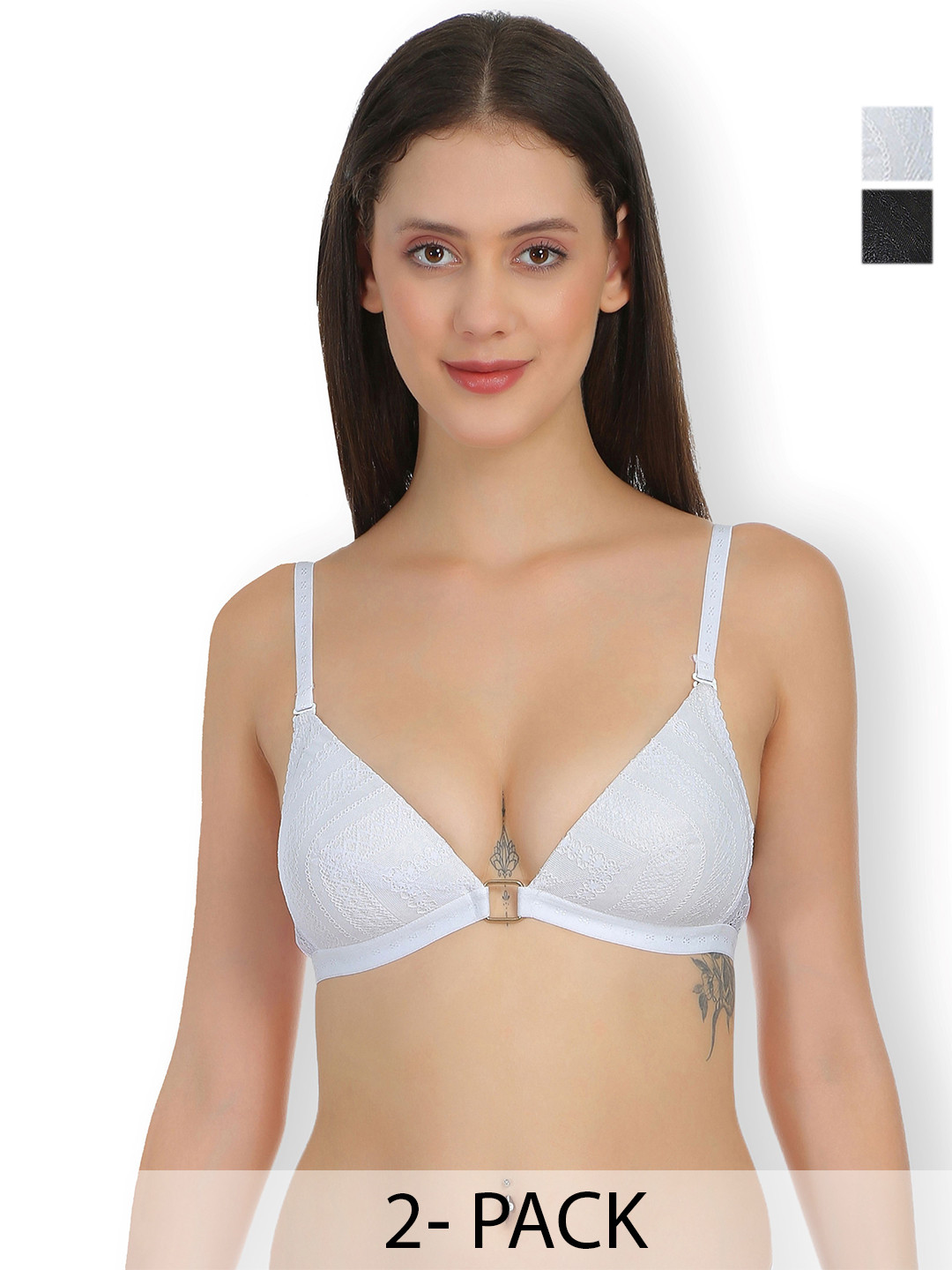

SELFCARE Pack of 2 Net Embroided Half Coverage Plunge Bra, Black