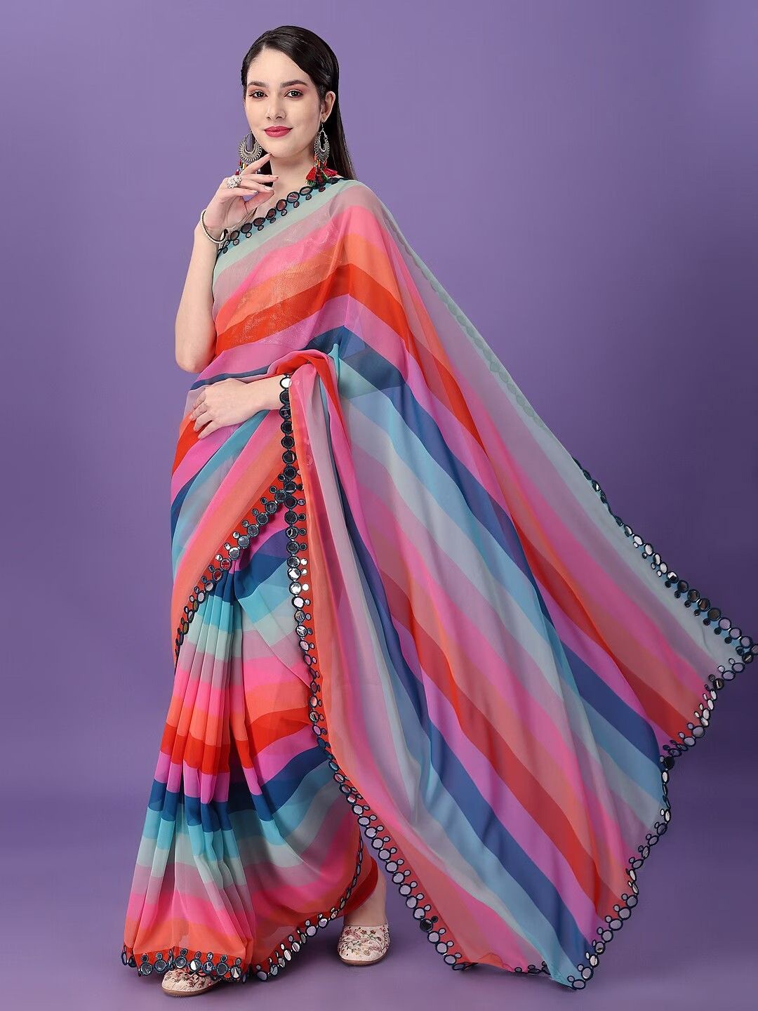 

QVAZOR Pure Georgette Striped Mirror Work Embellished Festive Saree, Pink