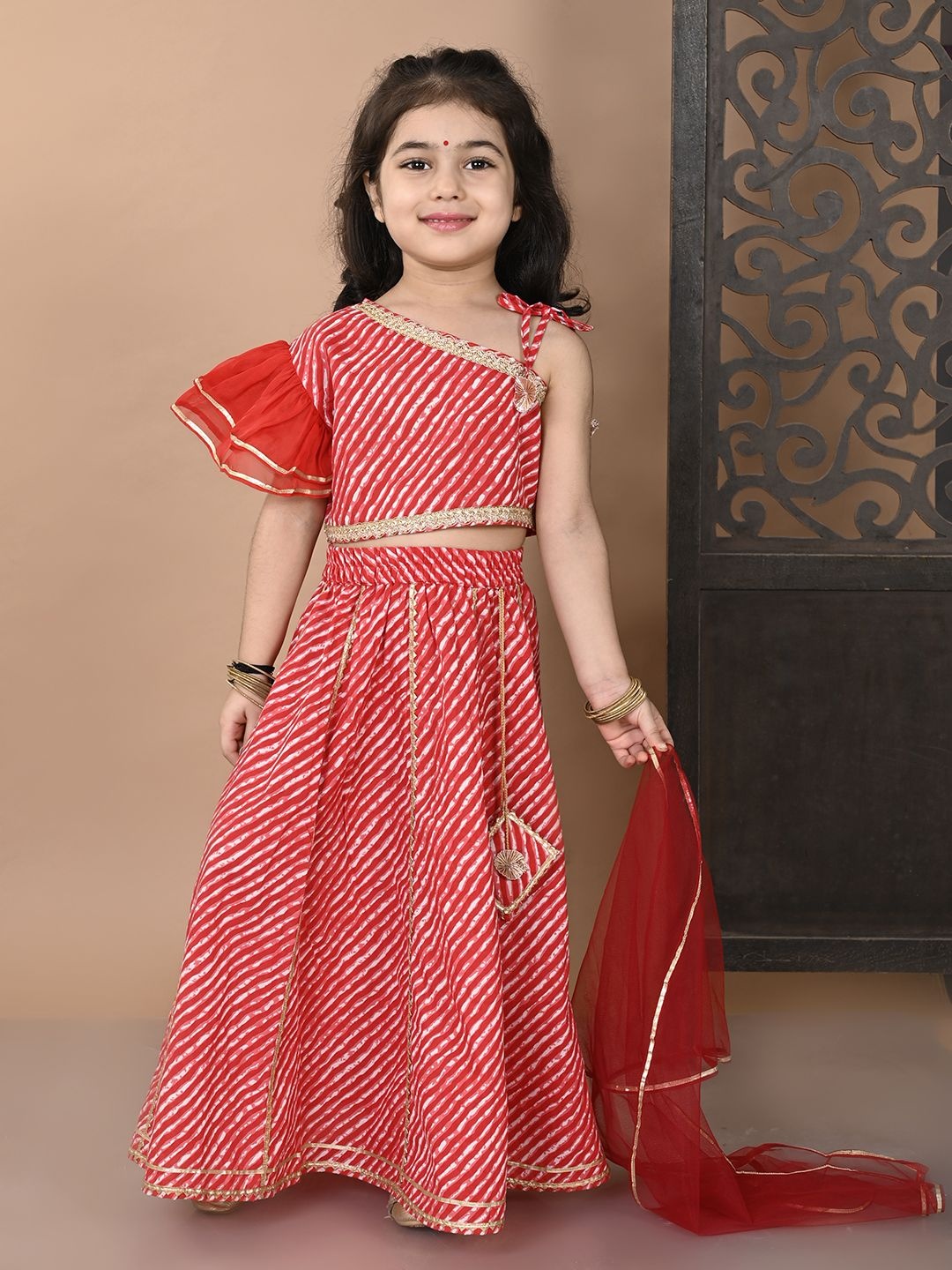 

Superminis Girls Leheriya Printed Cotton Ready to Wear Lehenga & Blouse With Dupatta, Red