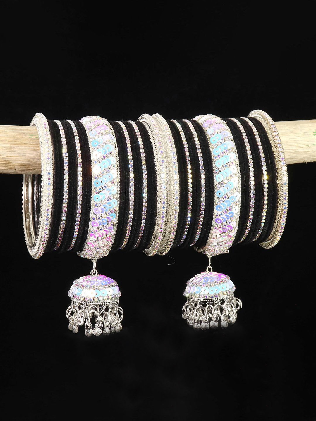 

NMII Set Of 38 Bells Jhumka Latkan Bangles, Black