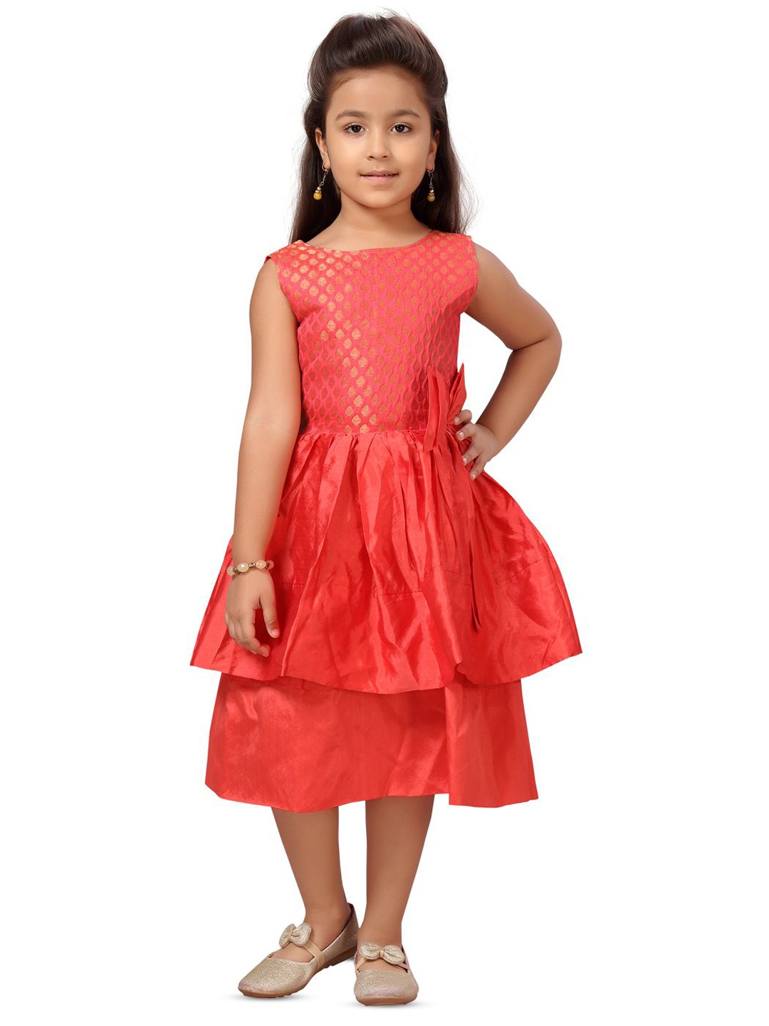 

BAESD Girls Woven Design Bow Detail Peplum Midi Dress, Red